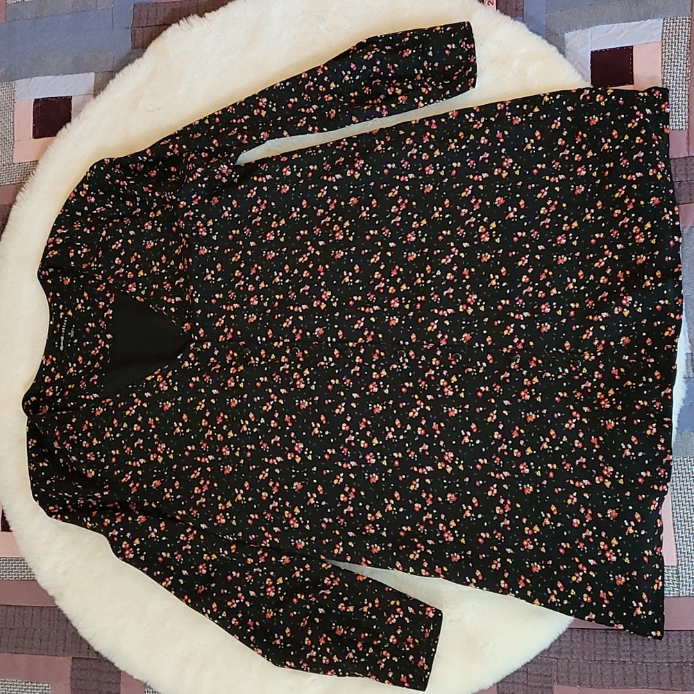 Madewell Sezane Black Floral Long Sleeve Lightweight Silk Tea Dress Medium
